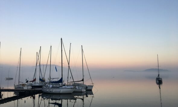 docked white boats during dawn