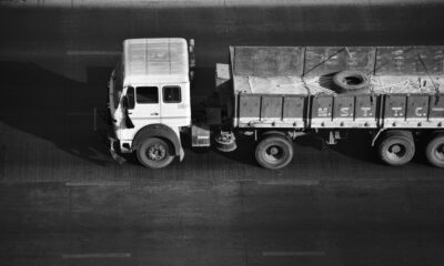 a black and white photo of a truck